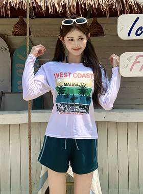 三奇泳衣女款2025新款海边度假三件套女士分体泡温泉长袖罩衫套装