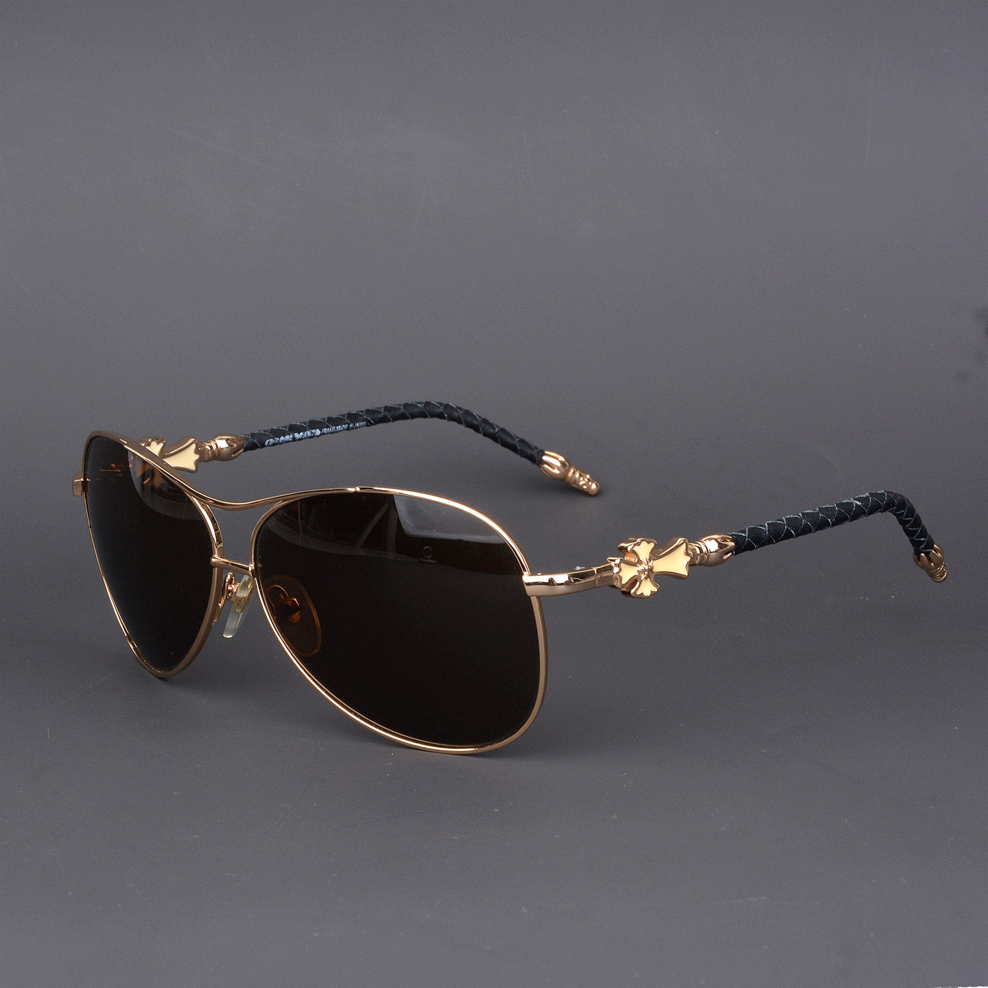 珍藏限量版 高质量纯钛墨镜女真皮个性编织金色太阳镜 高清内镀膜