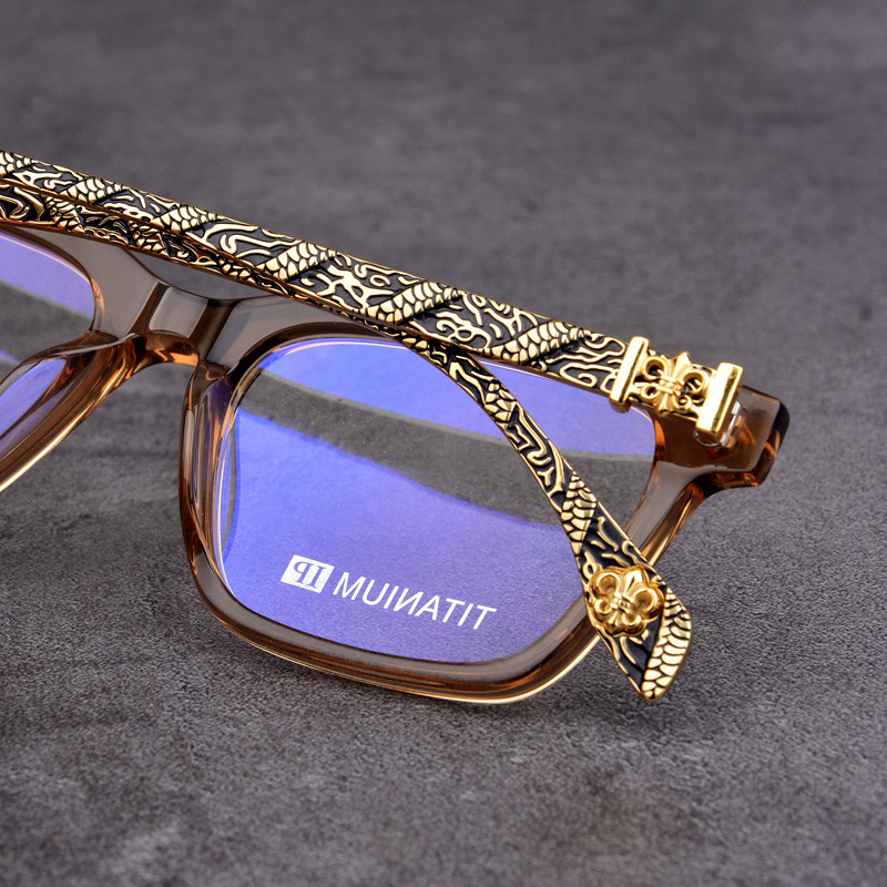 新款纯钛配板材眼镜框 方款个性眼镜 纯钛龙纹镜腿 可配近视老花