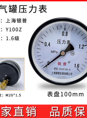 上海银普储气罐压力表轴向Y100Z背接卧式1.6Mpa压缩空压机压力表