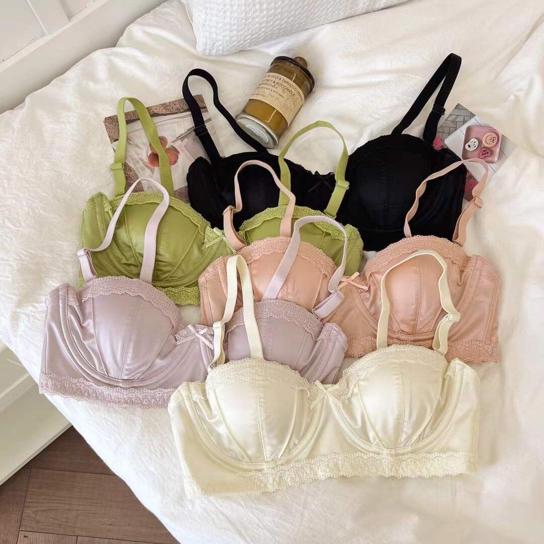 原版轻奢3368性感绸缎内衣少女软钢圈半杯小胸聚拢上托薄文胸套装