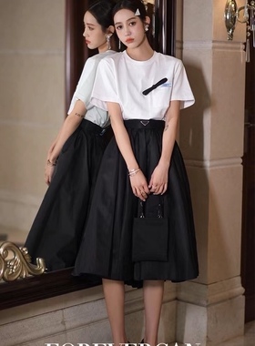 春夏爆款三角标高腰压褶半身裙A字伞裙加褶皱设计显瘦气质名媛风