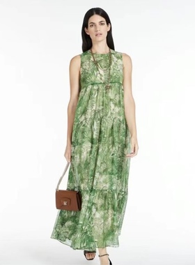 2023夏季新款无袖绿色印花丝绵宽松连衣裙沙滩度假长裙伞裙