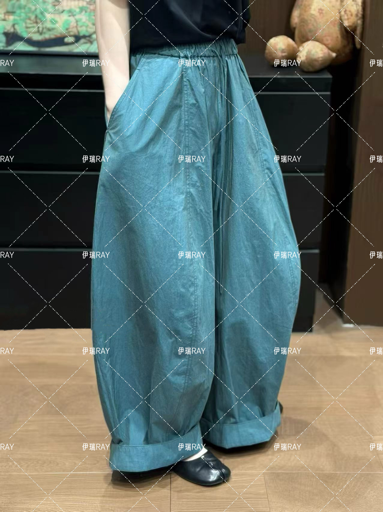 太有腔调感定制薄款匹马棉松紧腰系带设计宽松镰刀休闲裤