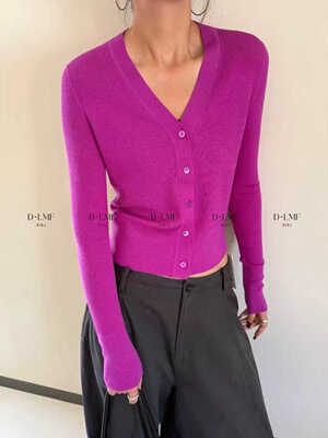 2025早秋新款RIBBE匠心美丽奴羊毛修身单排扣针织开衫深v领上衣女