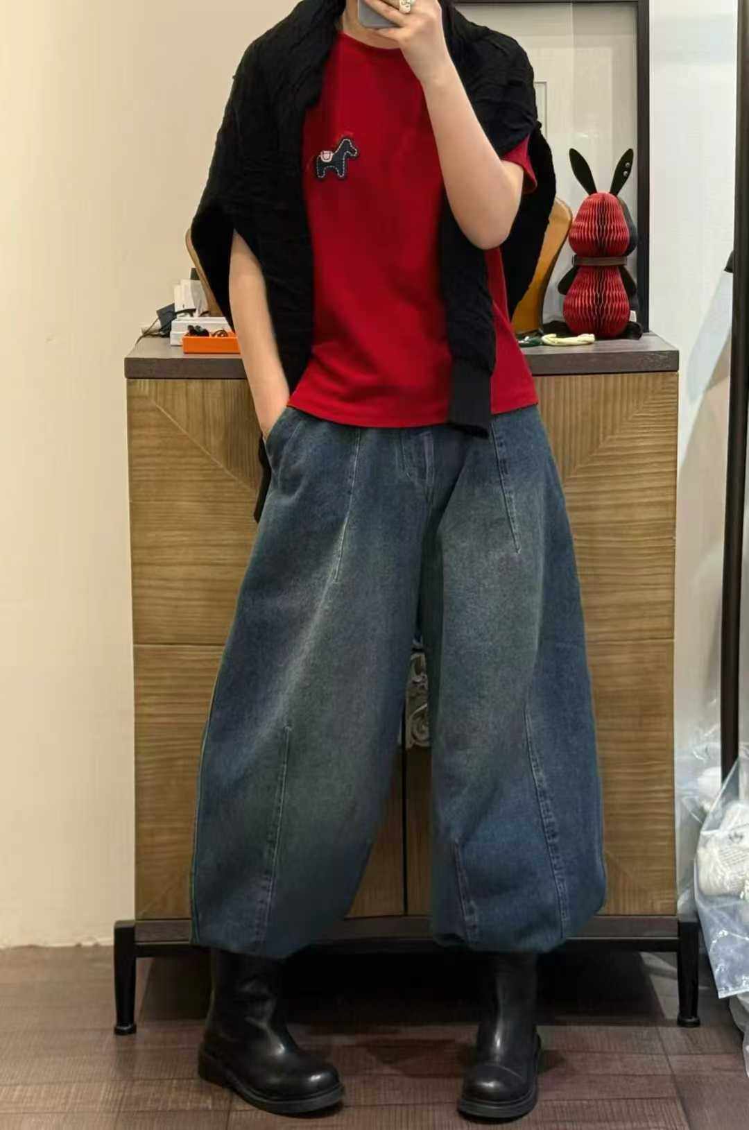 日单气球裤～ 2026秋冬新款时尚百搭松紧腰显瘦直筒休闲牛仔裤女