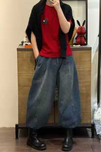 百搭松紧腰显瘦直筒休闲牛仔裤 日单气球裤 时尚 2025秋冬新款 女 ～