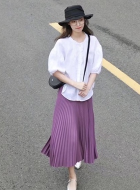 2024春夏新款高腰百褶半身裙垂感超好显瘦百搭中长裙高端气质