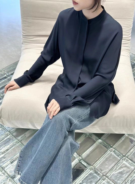 ROW纯尾22姆米弹力真丝后中褶裥纯色圆领长袖衬衣女衬衫