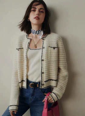 换季清仓～高端小香风羊绒开衫女秋冬新款高腰短款撞色针织外套