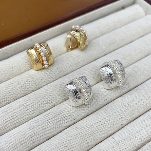 欧美大气金属拉丝工艺小米珠气质耳环无耳洞女优雅耳夹免打孔耳饰