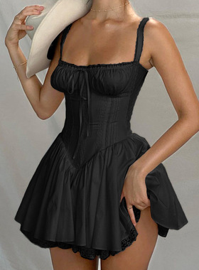 2023秋季新品胸前蝴蝶系带蕾丝拼接束腰连衣裙女欧美女装工厂