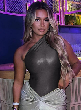 2023夏季性感仿PU修身无袖时尚百搭连体衣女连衣裤亚马逊