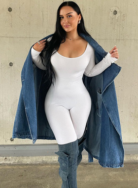 2023冬季新品简约舒适纯色u领漏胸紧身显身材露背小坑条连体裤ins