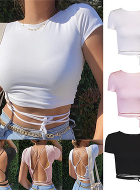 short backless T-shirt  女U领T恤纯色跨境工厂 кофта