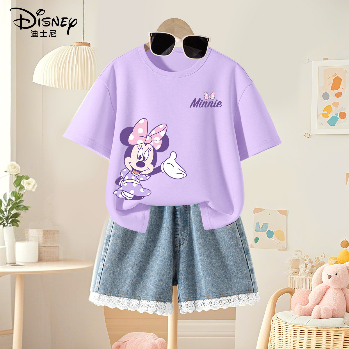 迪士尼女童短袖套装2025新款夏季薄纯棉女孩运动衣服儿童牛仔短裤