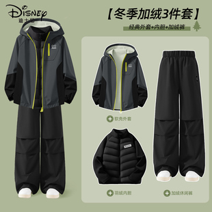 迪士尼男童加绒套装2025新款中大童工装风加厚保暖运动装儿童冬装