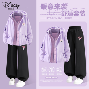 迪士尼女童冬季套装2026新款学生紫色保暖羽绒内胆儿童冬装运动装