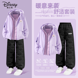 迪士尼女童冬装套装2026新款冬季紫色保暖童装羽绒内胆儿童休闲装