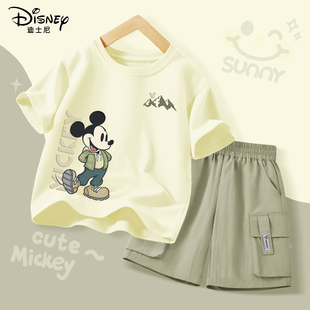 迪士尼男童套装夏2026新款帅气时髦夏季纯棉短袖工装短裤儿童夏装