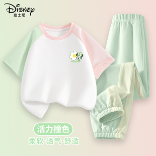 迪士尼女童夏装套装2025新款洋气小公主夏天短袖防蚊裤儿童运动装