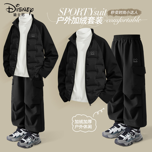 迪士尼男童加绒套装2025新款男孩黑色潮流冬天运动连件套儿童冬装