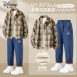 迪士尼男童加绒套装帅气男孩时尚衬衫2025新款冬季两件套儿童冬装