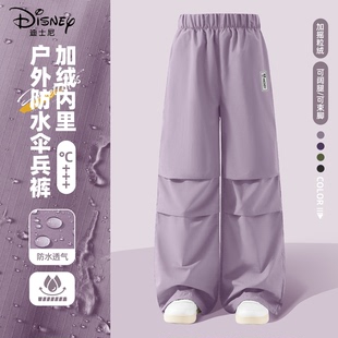 迪士尼女童加绒裤子2025新款小女孩户外运动一体绒工装裤儿童冬装