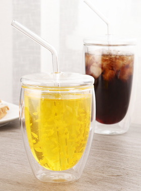 玻璃吸管杯双层隔热玻璃水杯带孔吸管盖子奶茶杯果汁饮料咖啡杯子