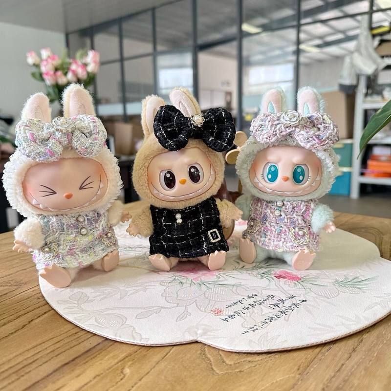 一二代盲盒拉布布公仔衣服蝴蝶结LABUBU挂件着替黑白格香风裙潮