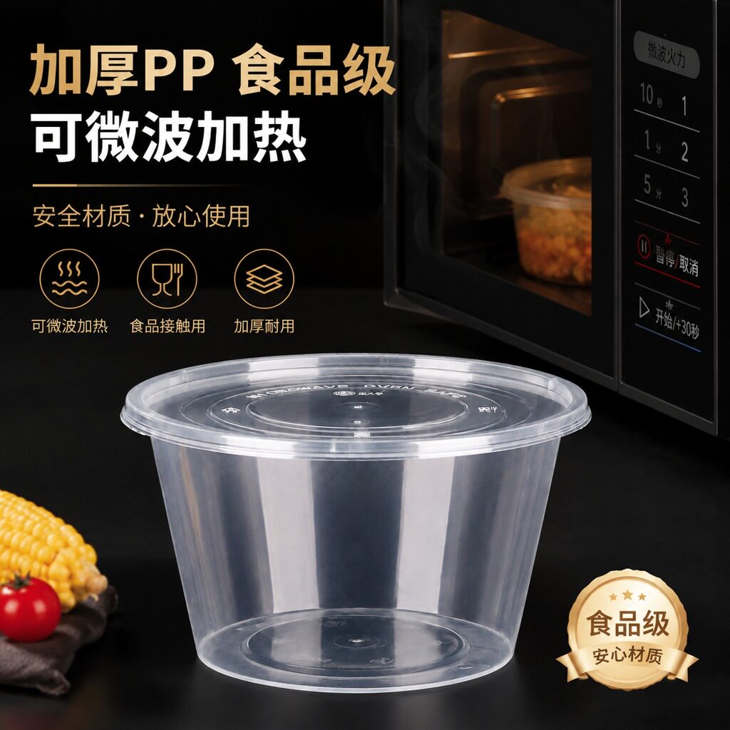 一次性餐盒圆形饭碗打包盒加厚PP材质可微波食品级外卖商用摆摊用图片