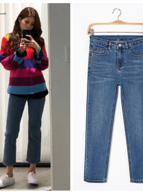韩版明星裴秀智同款牛仔裤女直筒裤2022年夏季新款复古蓝烟筒裤子