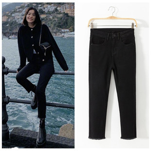搭配马丁靴的裤子女刘雯同款高腰黑色直筒修身毛边牛仔裤女九分裤