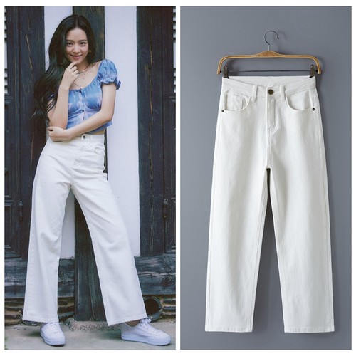 金智秀jisoo同款牛仔裤女2023年春款白色直筒宽松牛仔裤阔腿裤春