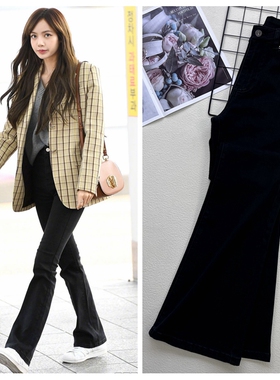 blackpink爱豆lisa同款牛仔裤女2022年秋款纯黑色港味长喇叭裤子