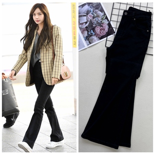 blackpink爱豆lisa同款牛仔裤女2022年秋款纯黑色港味长喇叭裤子