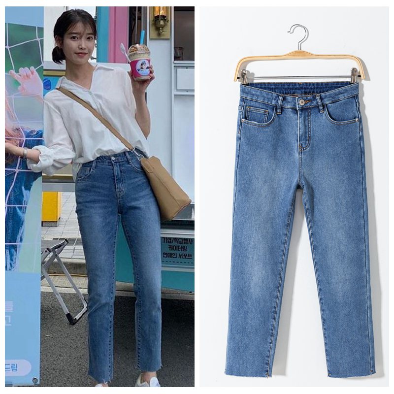 李知恩iu同款蓝色九分直筒烟管裤