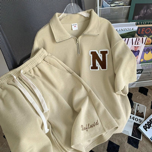 华夫格运动短袖套装女夏季新款韩版大码宽松显瘦短裤休闲服两件套