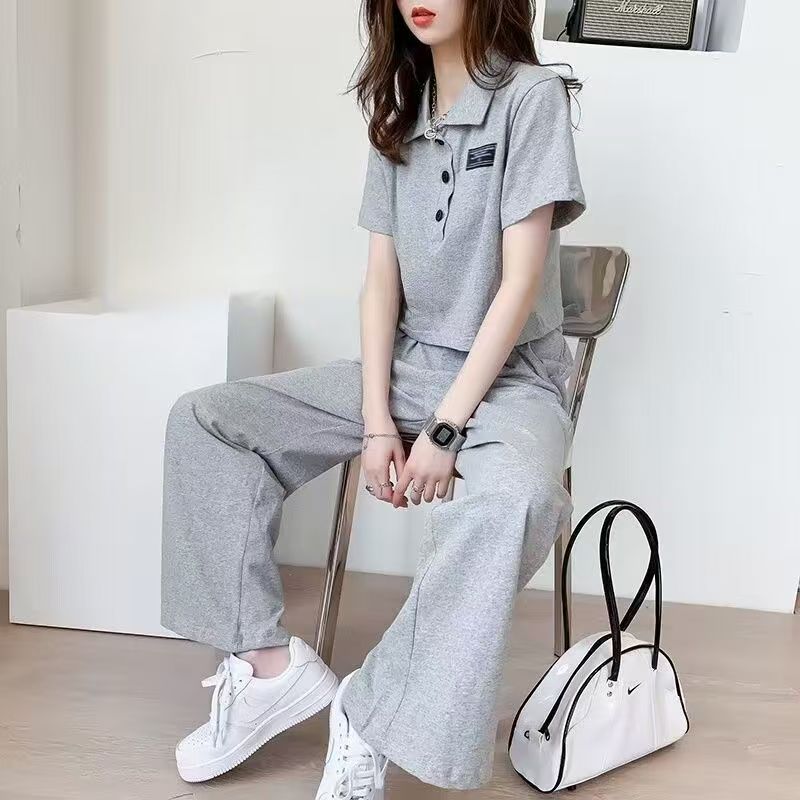 休闲运动套装女2025夏季新款时尚网红穿搭短款上衣+阔腿裤两件套