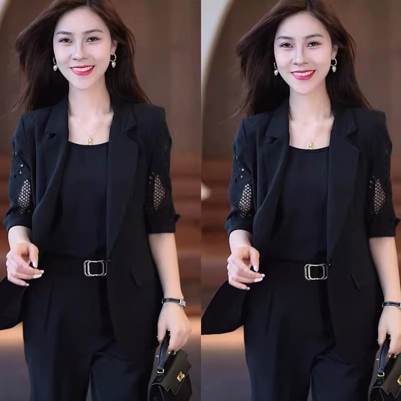 时尚气质五分袖小西装套装女春秋夏新款职业高级感西服裤子三件套