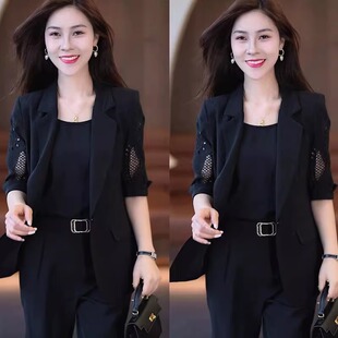 时尚气质五分袖小西装套装女春秋夏新款职业高级感西服裤子三件套
