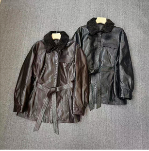 2026秋季新款真皮羽绒服编织口袋翻领腰带收腰轻奢绵羊皮鹅绒服女