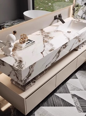 百达翡丽岩板陶瓷无缝一体盆浴室柜组合卫生间洗漱台洗手池洗脸台