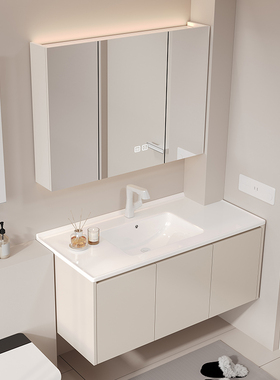 定制切角陶瓷一体盆蜂窝铝防水浴室柜组合洗手洗脸盆洗漱台奶油风