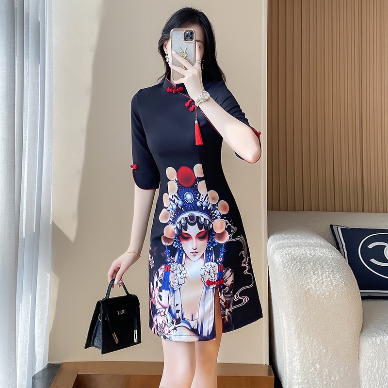 改良旗袍中国风别致印花连衣裙