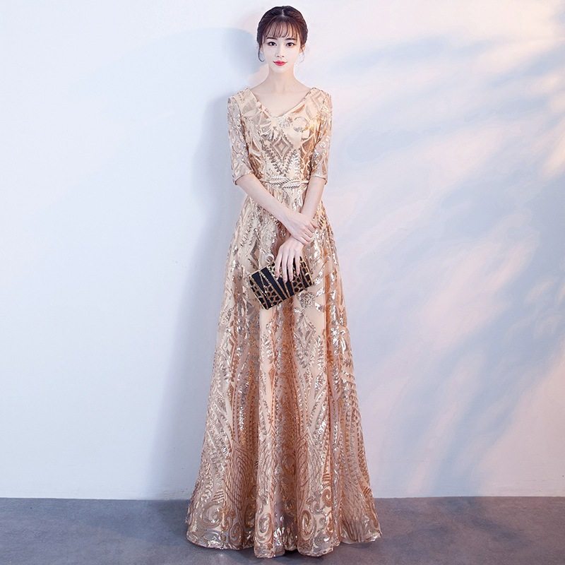 晚会宴会晚礼服2025端庄气质金色亮片晚宴主持人连衣裙演出合唱服