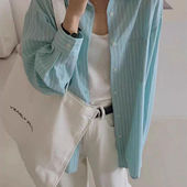 薄款 冰透薄荷蓝绿色条纹衬衫 女2025年夏季 上衣设计感小众衬衣外套