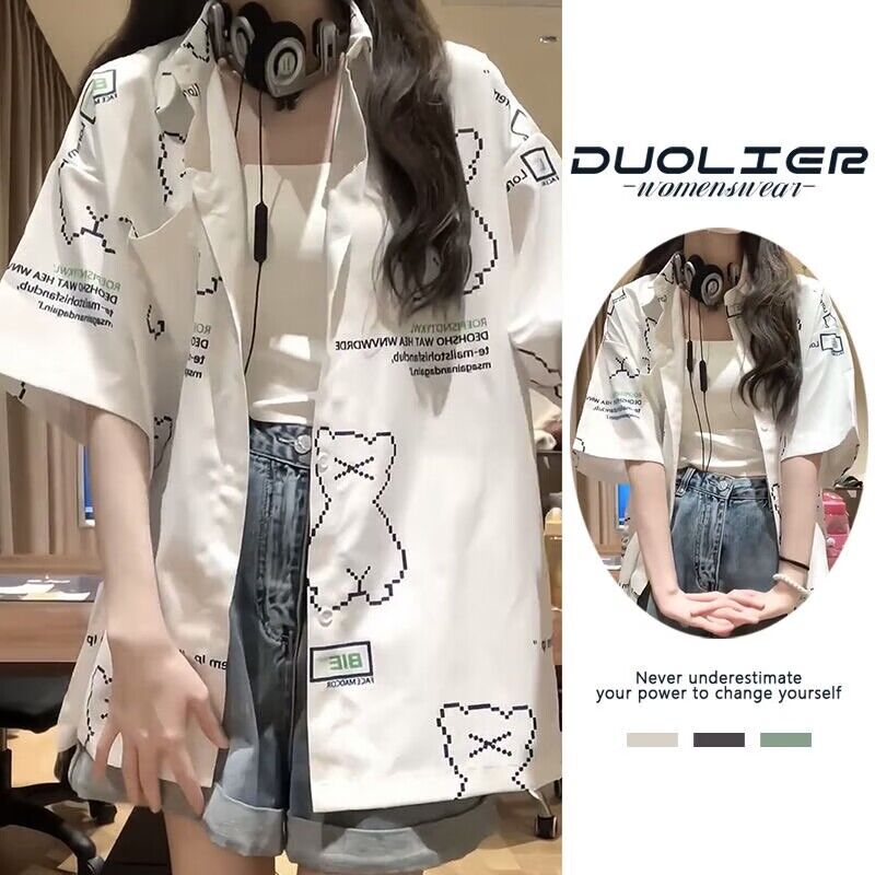 美式盐系小熊印花短袖衬衫女2024夏季新款慵懒风衬衣小个子上衣潮
