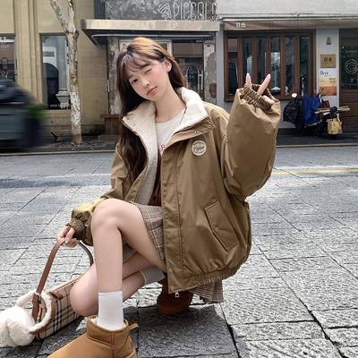 美式加厚羊羔毛绒冲锋衣外套女2025冬季新款休闲百搭棒球棉服夹克