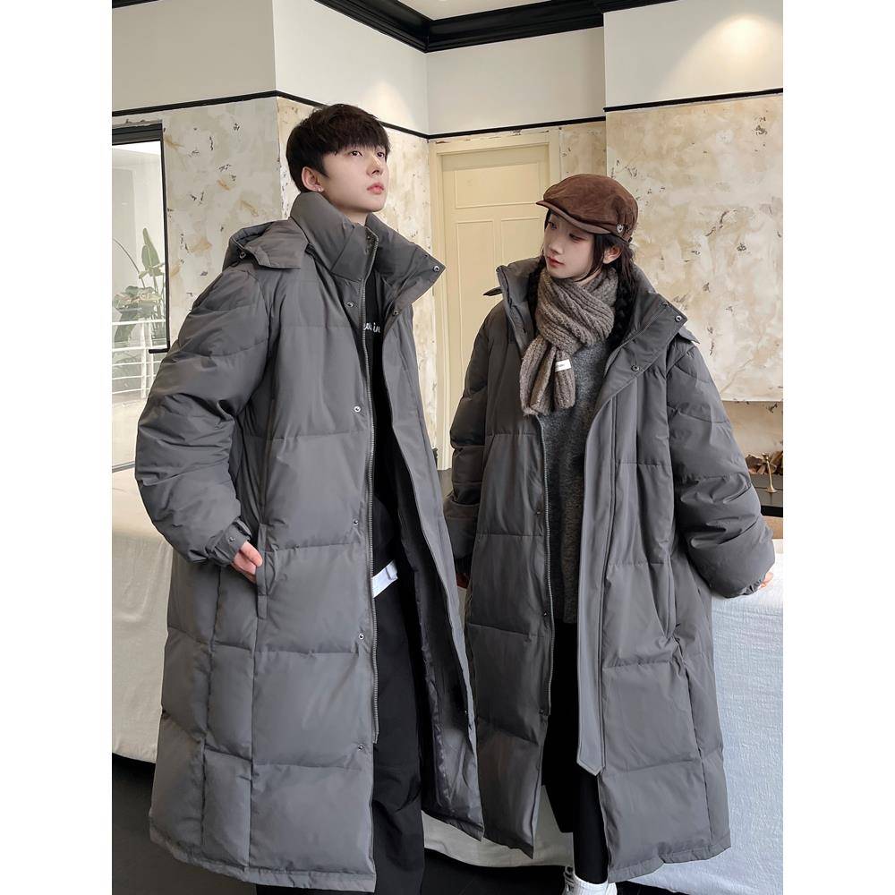 冬季过膝超长款羽绒服女男中戏外套情侣款灰色白鸭绒艺考极寒抗风